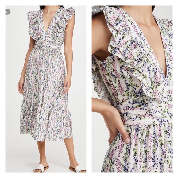 BY TIMO Floral Ruffle V Neck Midi Dress White Pink NWT Size XL - Picture 5 of 14